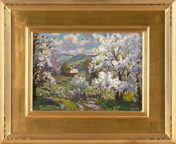 THOMAS R. CURTIN (Vermont/Massachusetts, 1899-1977), "Apple Blossom Farm"., Oil on canvas board,