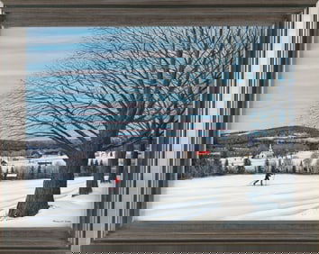 RODERICK WELLS (Vermont, 1931-2019), Cross-country skiing., Oil on canvas, 18" x 24". Framed 22.25"