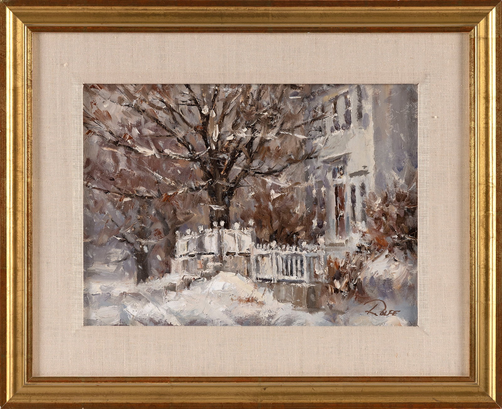 PETER ROLFE (Maine/Massachusetts/Europe, 1942-), "Winter Snow on the Alna Road"., Oil on board, 9" x: PETER ROLFE Maine/Massachusetts/Europe, 1942- "Winter Snow on the Alna Road". Signed lower right "Rolfe". Titled verso. Oil on board, 9" x 12". Framed 14" x 17".