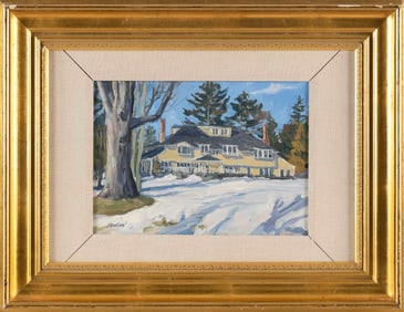 STEFAN PASTUHOV (Maine/Massachusetts, Contemporary), Yellow house in the snow., Oil on canvas, 9.25"