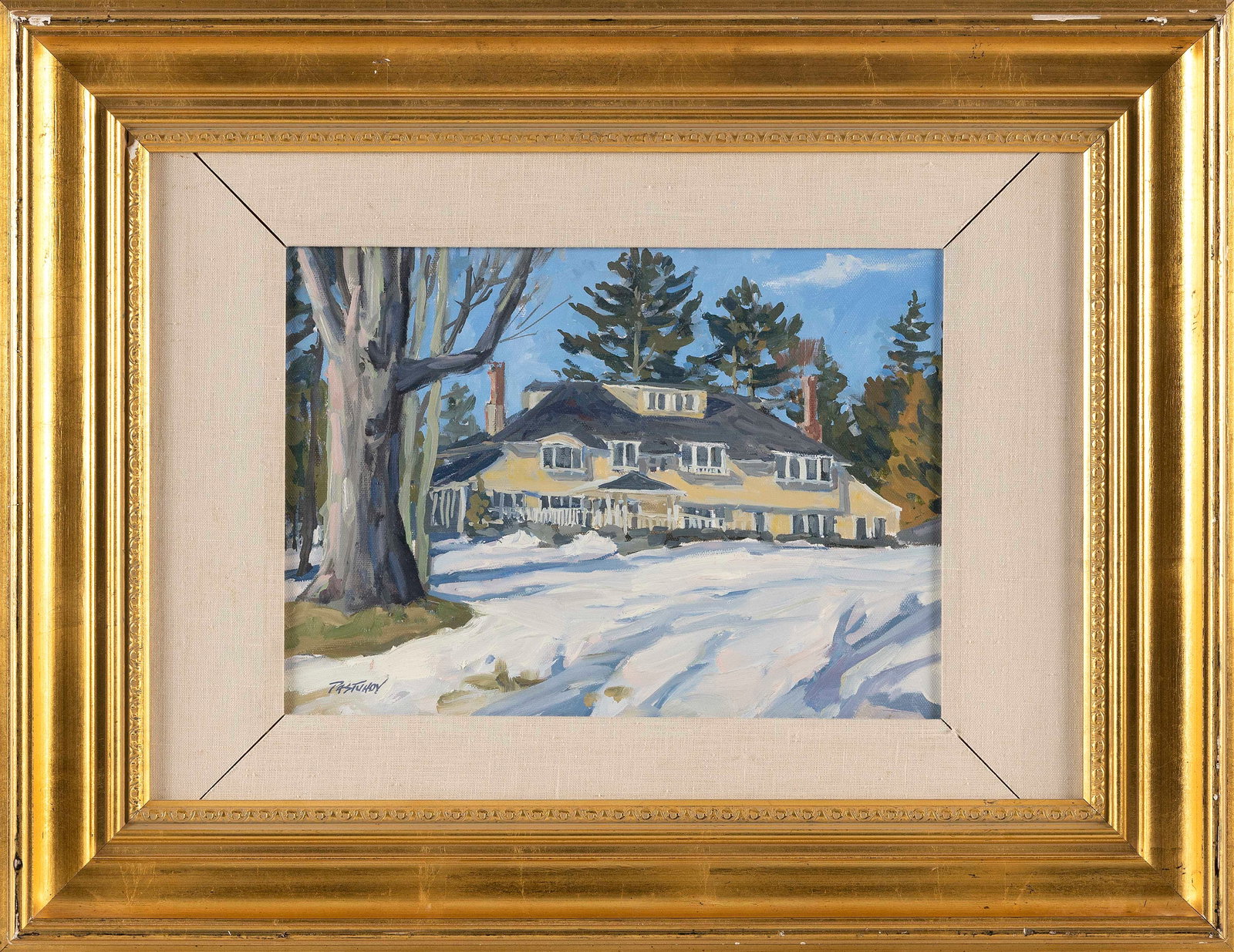 STEFAN PASTUHOV (Maine/Massachusetts, Contemporary), Yellow house in the snow., Oil on canvas, 9.25": STEFAN PASTUHOVMaine/Massachusetts, ContemporaryYellow house in the snow. Signed lower left "Pastuhov".Oil on canvas, 9.25" x 13.25". Framed 19" x 24.75".
