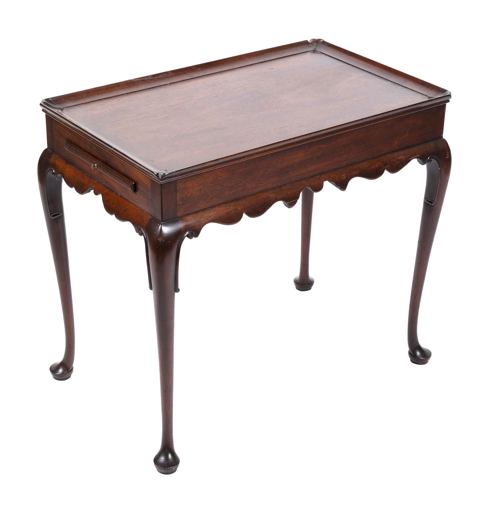 QUEEN ANNE-STYLE MAHOGANY TEA TABLE 20th Century Height 27". Length 29.25". Width 17.75".: QUEEN ANNE-STYLE MAHOGANY TEA TABLE20th CenturyWith tray top and cabriole legs ending in pad feet.Height 27". Length 29.25". Width 17.75".