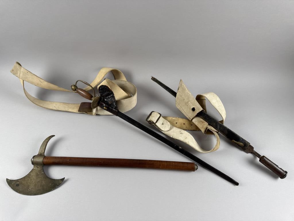 THREE REVOLUTIONARY WAR REENACTMENT WEAPONS 20th Century Lengths from 22" to 27".: THREE REVOLUTIONARY WAR REENACTMENT WEAPONS20th CenturyA sword, a bayonet and an axe with a tiger maple shaft.Lengths from 22" to 27".