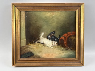 J. LANGLOIS (United Kingdom, 1855-1904), Two terriers., Oil on canvas, 12" x 14". Framed 15" x 17".