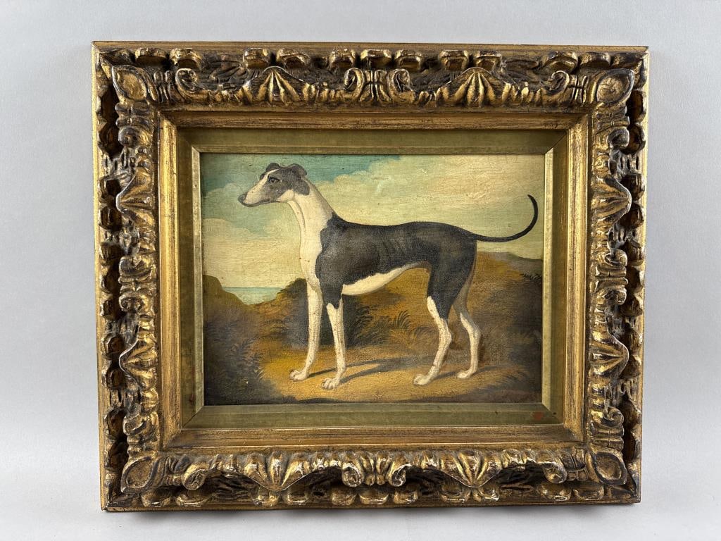 AMERICAN OR ENGLISH SCHOOL (20th Century,), Portrait of a greyhound., Oil on canvas, 9" x 12".: AMERICAN OR ENGLISH SCHOOL 20th Century Portrait of a greyhound. Unsigned. Oil on canvas, 9" x 12". Framed 16" x 19".
