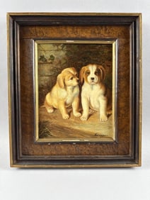 G. BERINGER (England, 19th/20th Century), "Puppies Seated"., Oil on panel, 10" x 8". Framed 14.25" x