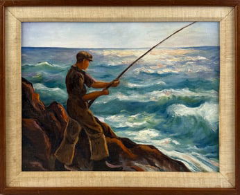 STYLE OF GIFFORD REYNOLDS BEAL (America, 20th Century), "The Fisherman"., Oil on canvas board, 12" x