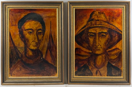PAIR OF PORTRAITS OF FISHERMEN 20th Century Mixed media on board, 19" x 13". Framed 22.5" x 17".
