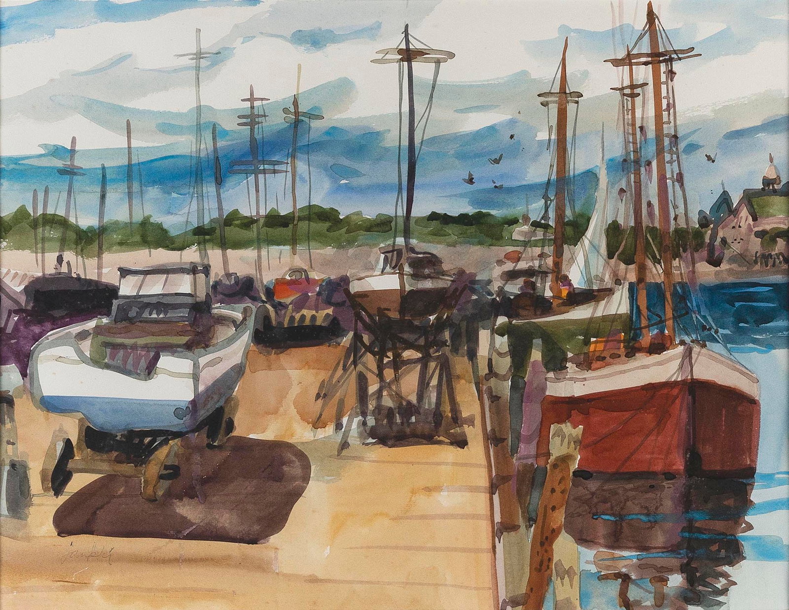 ZYGMUND JANKOWSKI (Indiana/Massachusetts, 1925-2009), Gloucester pier., Watercolor on paper, 17.25": ZYGMUND JANKOWSKI Indiana/Massachusetts, 1925-2009 Gloucester pier. Signed lower left "Jankowski". Watercolor on paper, 17.25" x 23" sight. Framed 28" x 23.5".
