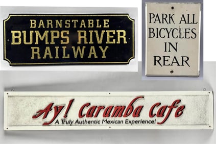 THREE WOOD AND COMPOSITE SIGNS Late 20th Century Lengths from 12" to 54".