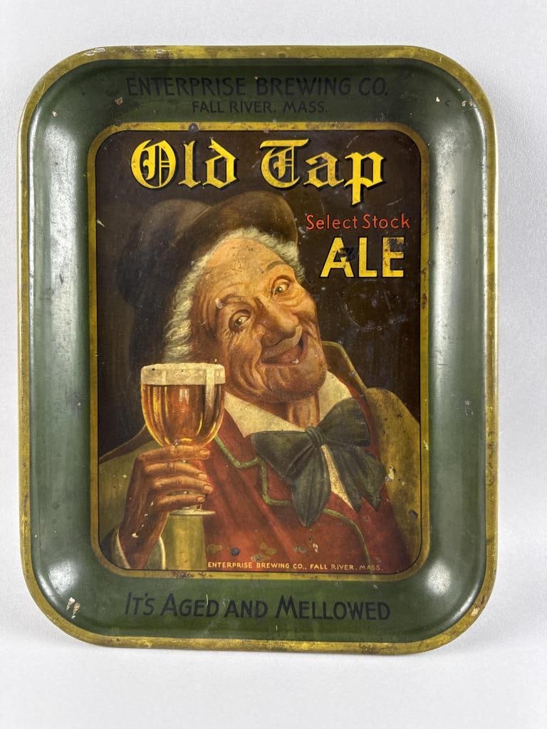 "OLD TAP SELECT STOCK ALE" TIN LITHOGRAPHED TRAY 13.25" x 10.5".: "OLD TAP SELECT STOCK ALE" TIN LITHOGRAPHED TRAY From Enterprise Brewing Co., Fall River, Massachusetts. 13.25" x 10.5".