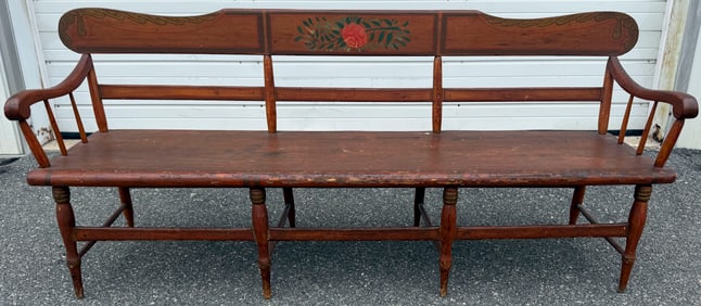 PAINT-DECORATED MAPLE DEACON'S BENCH 19th Century Back height 34". Seat height 18". Length 80".