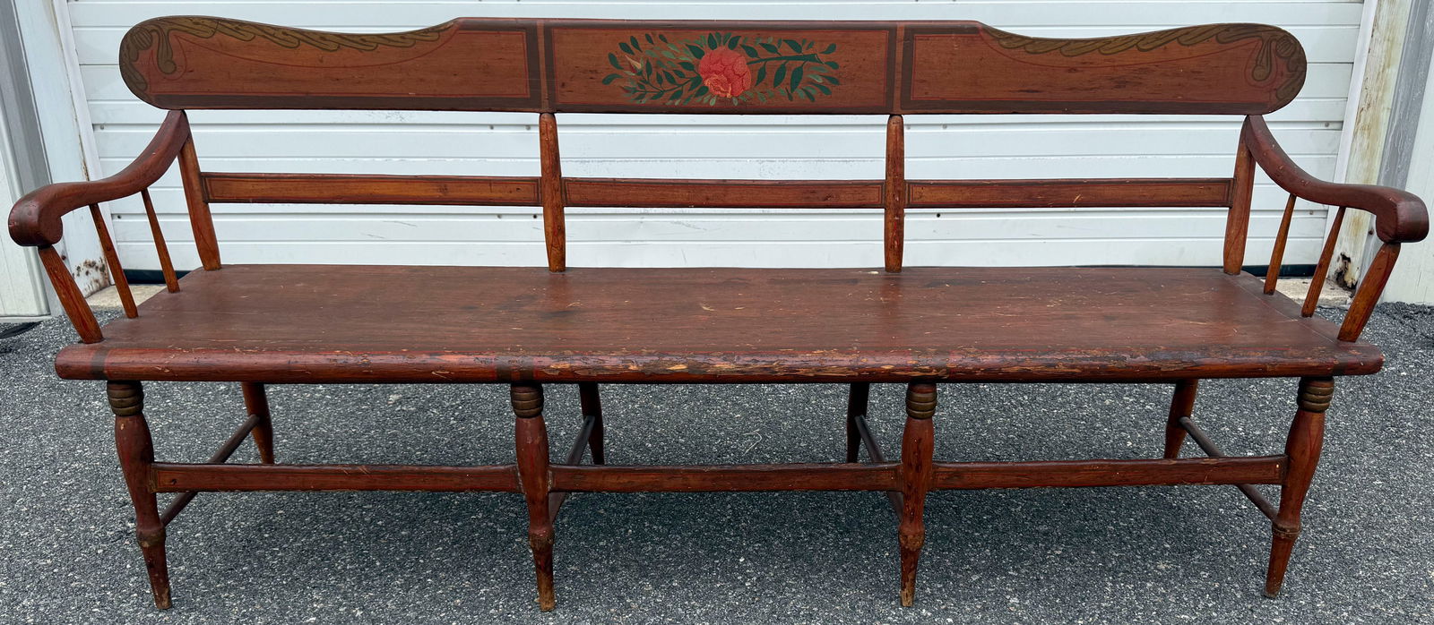 PAINT-DECORATED MAPLE DEACON'S BENCH 19th Century Back height 34". Seat height 18". Length 80".: PAINT-DECORATED MAPLE DEACON'S BENCH19th CenturyCrest rail with floral design.Back height 34". Seat height 18". Length 80".