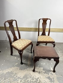 PAIR OF MAHOGANY QUEEN ANNE-STYLE SIDE CHAIRS AND A FOOTSTOOL Chair back heights 38.5". Seat heights