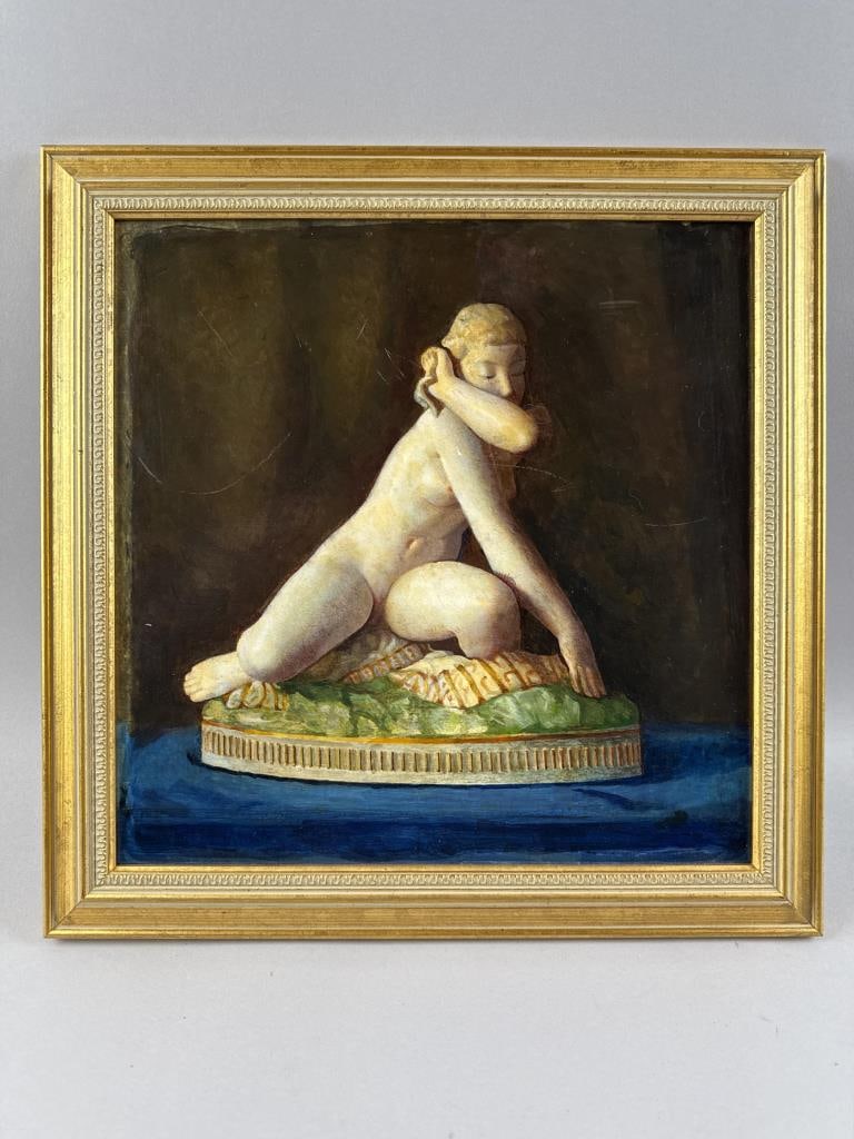 FREDERICK GARRISON HALL (Massachusetts/Maryland, 1879-1946), "Chelsea", a still life of a porcelain: FREDERICK GARRISON HALL Massachusetts/Maryland, 1879-1946 "Chelsea", a still life of a porcelain figurine. Signed and titled verso. Oil on panel, 12.75" x 12.75". Framed 16" x 16".