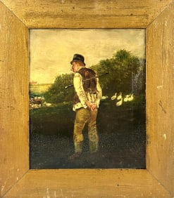 AMERICAN SCHOOL (Early 20th Century,), Farmer smoking a pipe while watching a flock of geese., Oil
