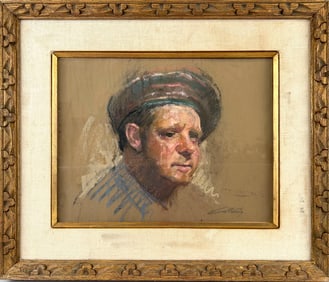 AMERICAN SCHOOL (20th Century,), Portrait of a man wearing a cap., Pastel, 13" x 17" sight. Framed