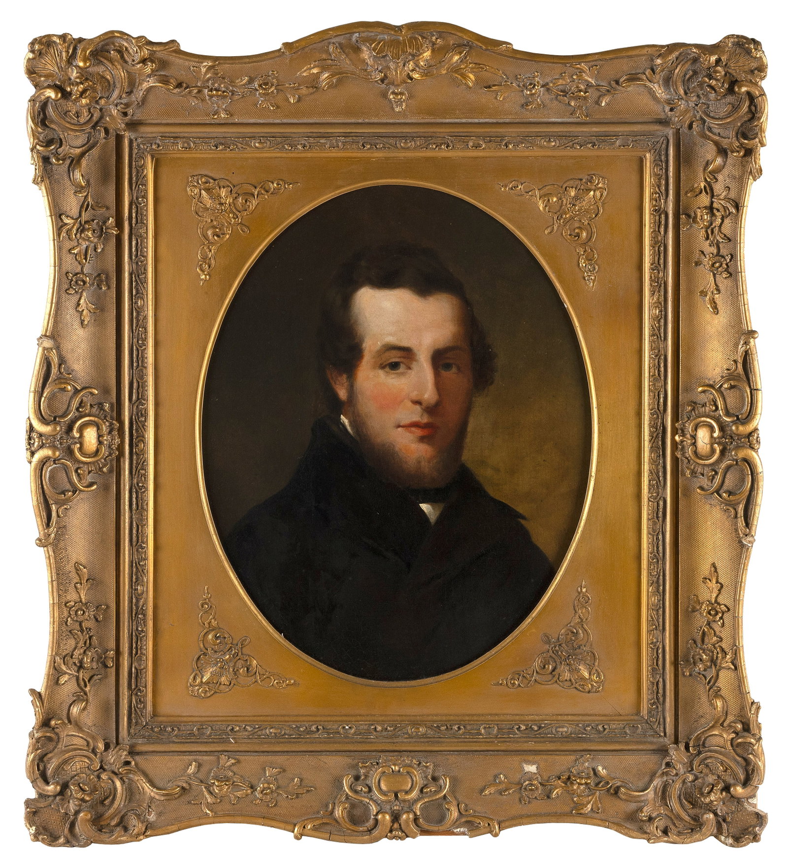 AMERICAN SCHOOL (19th Century,), Portrait of a bearded man., Oil on canvas laid down on board, 21" x: AMERICAN SCHOOL 19th Century Portrait of a bearded man. Unsigned. Oil on canvas laid down on board, 21" x 16.5" sight. Framed 33.5" x 30".