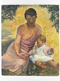 AMERICAN SCHOOL (20th Century,), Portrait of a mother and child., Oil on canvas, 30" x 25".