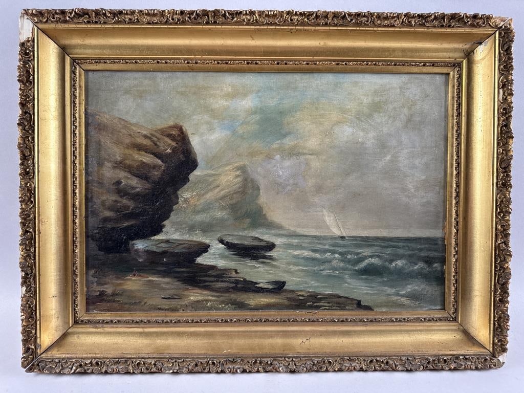 AMERICAN SCHOOL (Late 19th Century,), Sailboat off a rocky coastline., Oil on canvas, 12" x 18".: AMERICAN SCHOOL Late 19th Century Sailboat off a rocky coastline. No signature noted. Oil on canvas, 12" x 18". Framed 16" x 22".