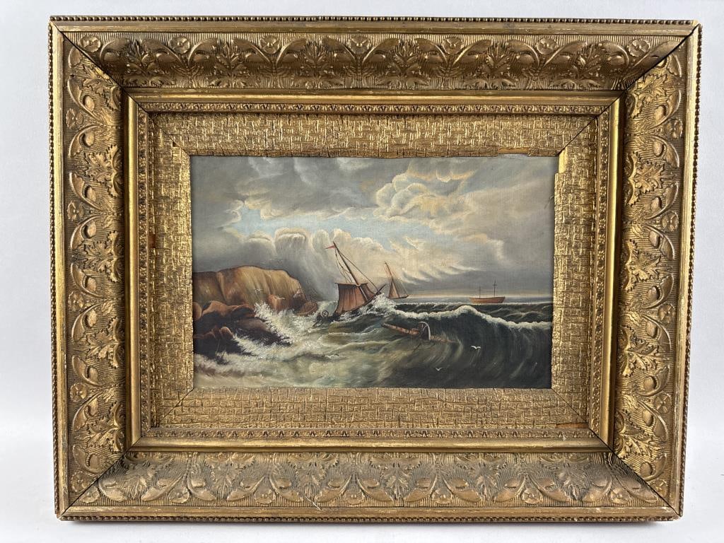AMERICAN SCHOOL (Late 19th Century,), Ships in distress off a rocky coast., Oil on canvas, 9.5" x: AMERICAN SCHOOL Late 19th Century Ships in distress off a rocky coast. No signature noted. Oil on canvas, 9.5" x 14.5". Framed 18" x 23".