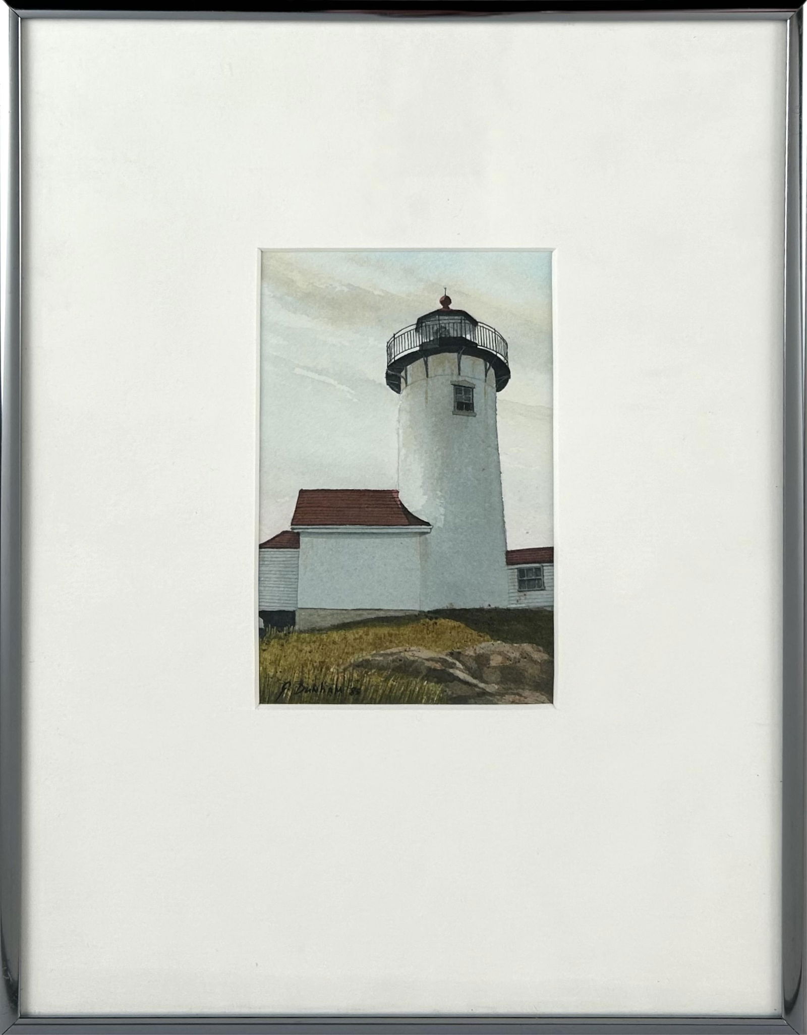 GREGORY DUNHAM (Massachusetts/Maine, 1946-), A lighthouse., Watercolor, 6" x 4" sight. Framed 12" x: GREGORY DUNHAMMassachusetts/Maine, 1946-A lighthouse. Signed lower left "G. Dunham".Watercolor, 6" x 4" sight. Framed 12" x 11".