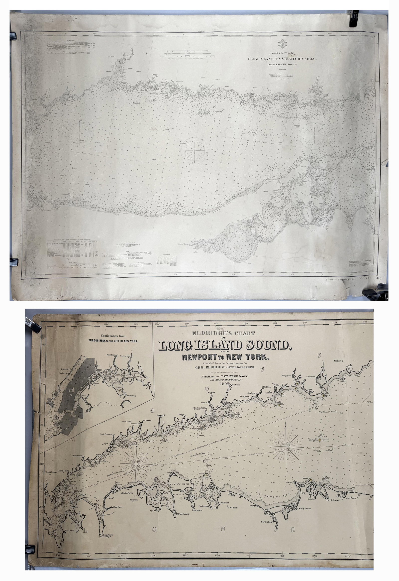 TWO MARINE CHARTS 19th Century 33.25" x 43" and 28" x 107".: TWO MARINE CHARTS 19th Century "Plum Island to Stratford Shoal" and "Long Island Sound". 33.25" x 43" and 28" x 107".