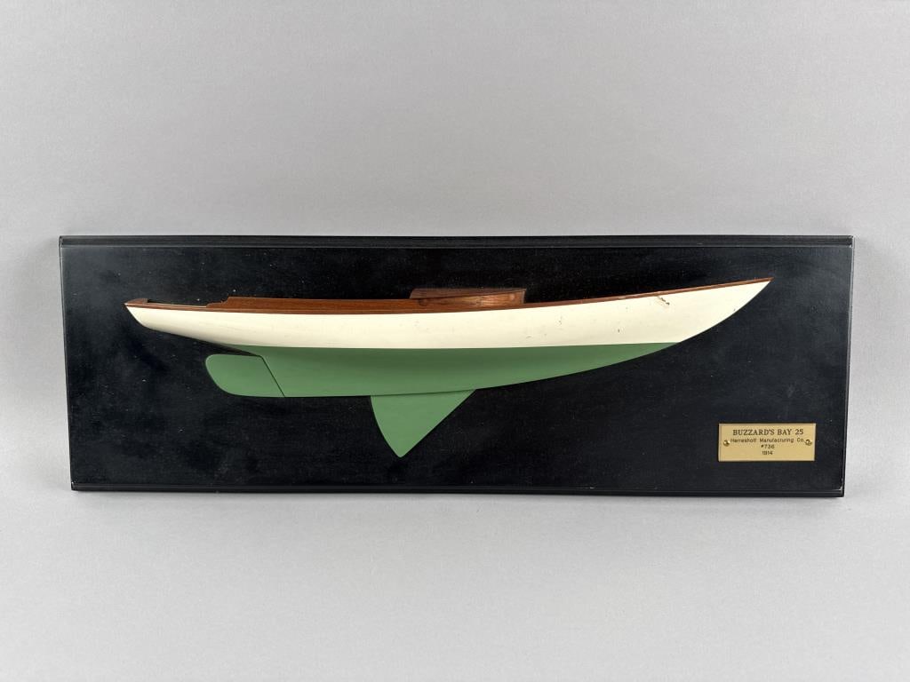 MARSOM B. PRATT MOUNTED HALF HULL MODEL OF A BUZZARD'S BAY 25 Massachusetts, 1923-2009 Backboard 7": MARSOM B. PRATT MOUNTED HALF HULL MODEL OF A BUZZARD'S BAY 25 Massachusetts, 1923-2009 Signed verso. Backboard 7" x 21".