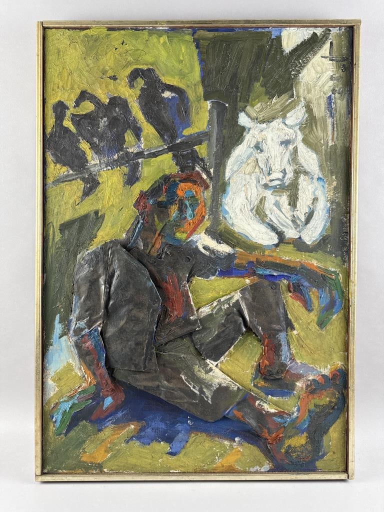 RENE BROCHARD (Canada/France, 1926-), "Retiro Mataduros"., Oil and metal on canvas, 32" x 22".: RENE BROCHARD Canada/France, 1926- "Retiro Mataduros". Signed and dated upper right "b 60 64". Signed "brochard", and titled, dated and inscribed verso "Bahia- 1959 termine Avril 64-". Oil and metal o