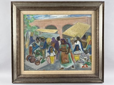 MAURICE BECKER (New York/Mexico, 1889-1975), "Marketplace"., Oil on masonite, 19.5" x 23.5". Framed