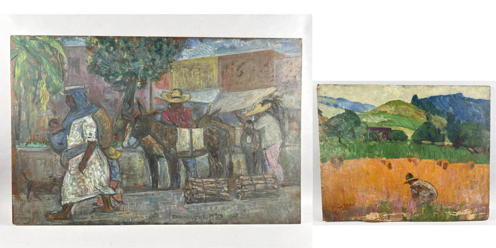 MAURICE BECKER (New York/Mexico, 1889-1975), Two works: MAURICE BECKER New York/Mexico, 1889-1975 Two works: 1) "Firewood Vendors, Oaxaca". Signed and dated lower center "Maurice Becker '58". Signed, titled and dated verso. Oil on masonite, 24" x 27". Unfr