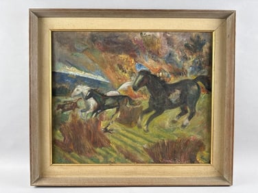 MAURICE BECKER (New York/Mexico, 1889-1975), "Farmland Fire"., Oil on board, 20" x 24". Framed 25" x