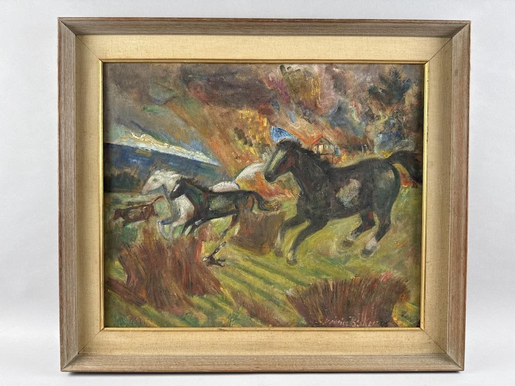MAURICE BECKER (New York/Mexico, 1889-1975), "Farmland Fire"., Oil on board, 20" x 24". Framed 25" x: MAURICE BECKER New York/Mexico, 1889-1975 "Farmland Fire". Signed lower right "Maurice Becker". Signed, titled and dated 1946 verso. Oil on board, 20" x 24". Framed 25" x 27".