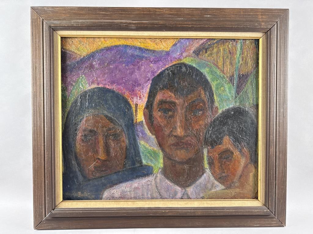 MAURICE BECKER (New York/Mexico, 1889-1975), "The Family [...]"., Oil on board, 20" x 24.75". Framed: MAURICE BECKER New York/Mexico, 1889-1975 "The Family [...]". Signed lower left "Maurice Becker". Signed, titled and dated 1926 verso. Oil on board, 20" x 24.75". Framed 27" x 31".
