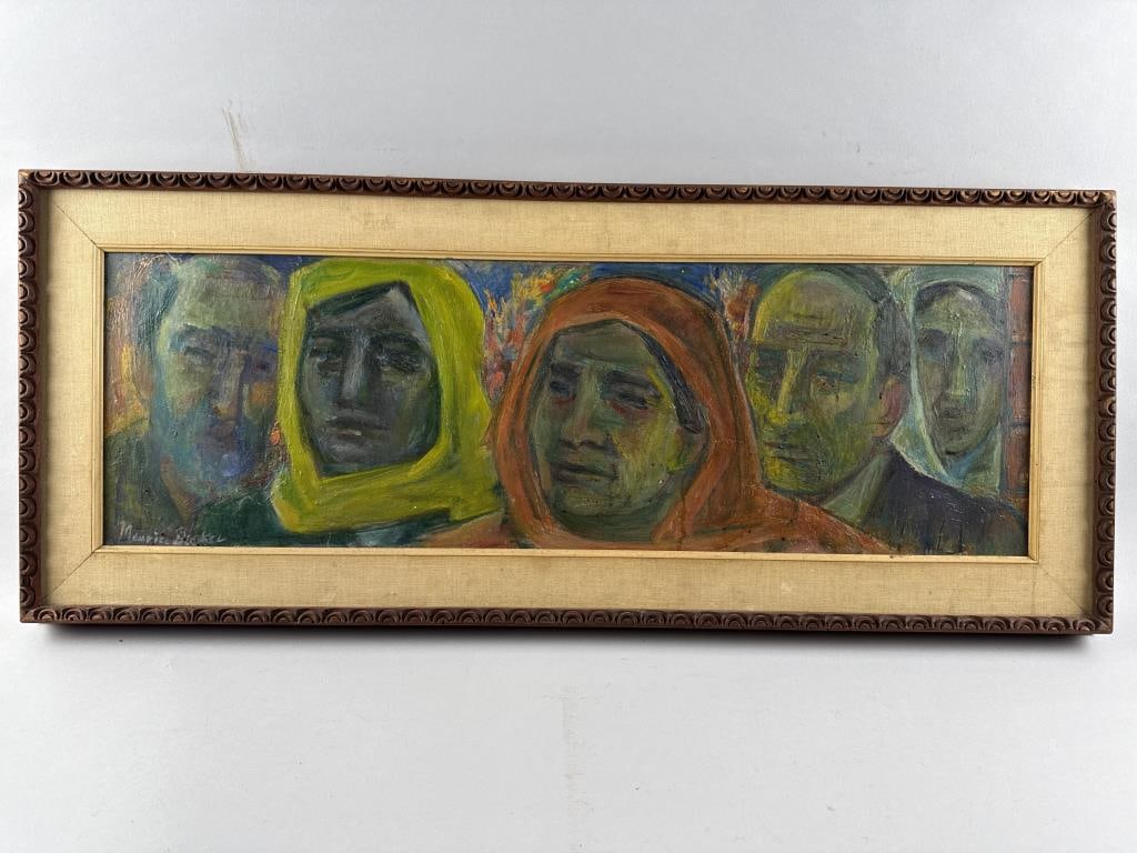 MAURICE BECKER (New York/Mexico, 1889-1975), "Time -- The Present"., Oil on masonite, 11.75" x 36".: MAURICE BECKERNew York/Mexico, 1889-1975"Time -- The Present". Signed lower left "Maurice Becker". Signed, titled and dated 1960 verso.Oil on masonite, 11.75" x 36". Framed 17.5" x 42".