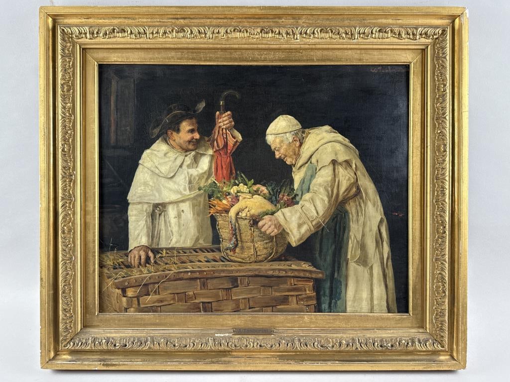 ARNALDO CASSELLA TAMBURINI, SR. (California/New York/Italy, 1843-1901/08), Two monks surveying a: ARNALDO CASSELLA TAMBURINI, SR. California/New York/Italy, 1843-1901/08 Two monks surveying a bounty of food in a basket. Signed upper right. Oil on canvas, 18.25" x 23.75". Framed 25" x 29.5".