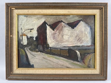 EZIO BARNI (Italy, 1926-1997), "Oficina sol Canale"., Oil on board, 13" x 19". Framed 18" x 24".