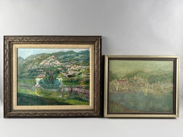 GIUSEPPE DI LIETO (Italy, 1926-2004), Two village scenes., Oils on board, 14" x 17" and 15.5" x 19".