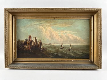 DUTCH SCHOOL (Late 19th Century,), Coastline with castle and sailing vessels., Oil on panel, 11" x