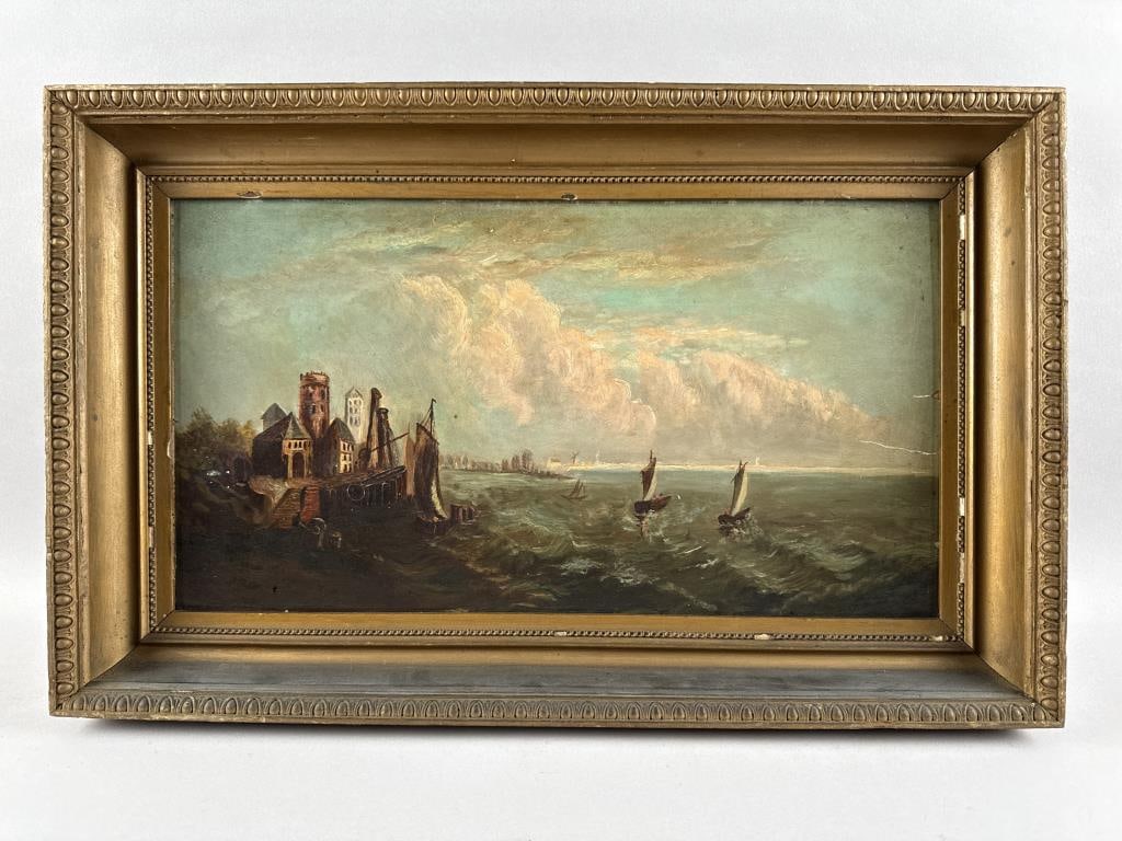 DUTCH SCHOOL (Late 19th Century,), Coastline with castle and sailing vessels., Oil on panel, 11" x: DUTCH SCHOOLLate 19th CenturyCoastline with castle and sailing vessels. No signature noted.Oil on panel, 11" x 20". Framed 15" x 23.5".