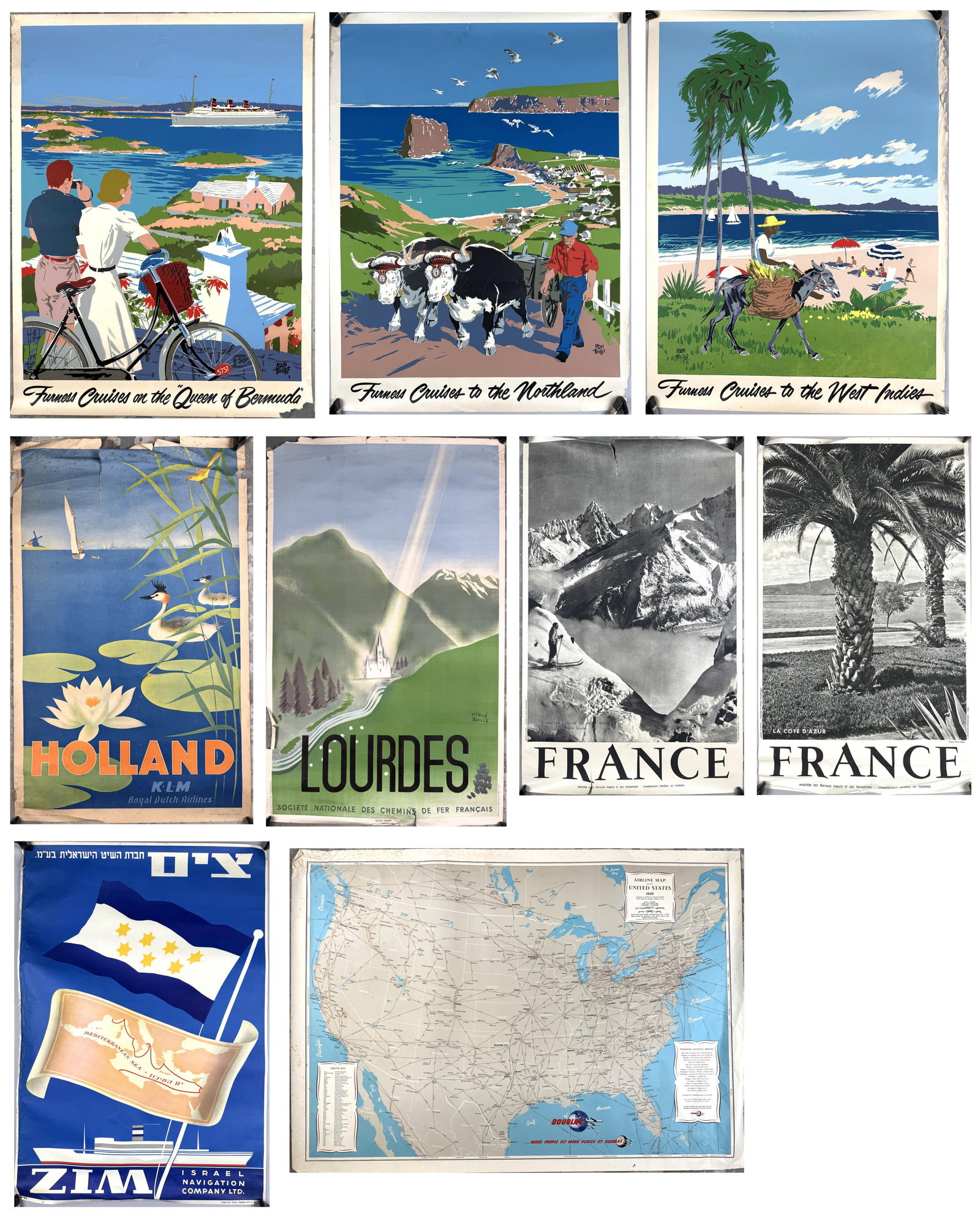 APPROX. NINE TRAVEL POSTERS Mid-20th Century Each approx. 30" x 38".: APPROX. NINE TRAVEL POSTERSMid-20th CenturyIncludes "Cruises to the Northland", "Cruises to the West Indies", "Zim Israel Navigation Company", "La Cote D'Azur France", "Chamonix France", "KLM Royal Du