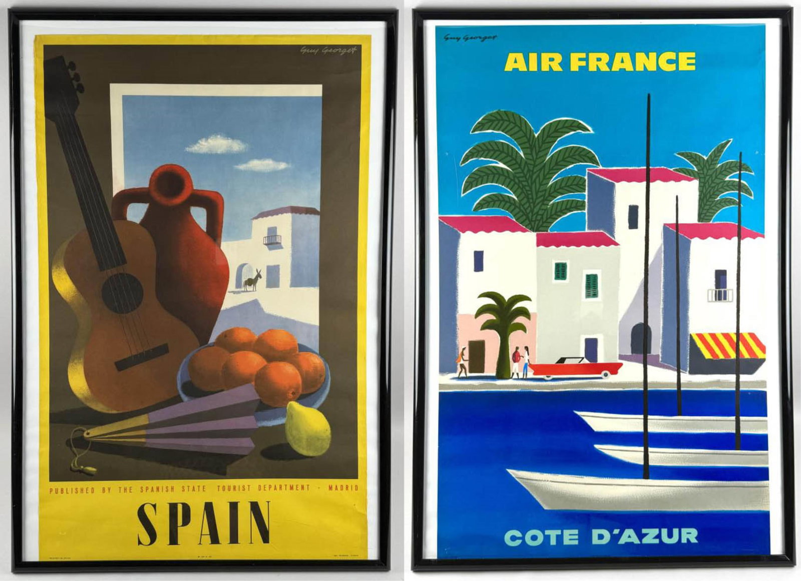 TWO GUY GEORGET VINTAGE TRAVEL POSTERS France, 1911-1992: TWO GUY GEORGET VINTAGE TRAVEL POSTERS France, 1911-1992 These are period printed examples and are not modern reproductions. 1) "Spain". Signed in image upper right. 38.5" x 24.5". Framed 41" x 28". 2