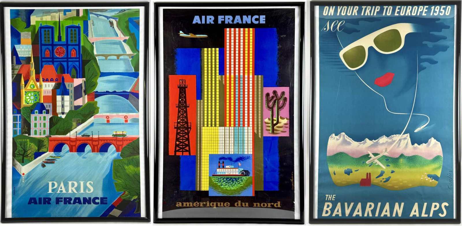 THREE VINTAGE TRAVEL POSTERS BY FRENCH ARTISTS: THREE VINTAGE TRAVEL POSTERS BY FRENCH ARTISTS These are period printed examples and are not modern reproductions. 1) "Amerique du Nord", Air France by Jacque Nathan-Garamond (1910-2001). 39" x 24.5".