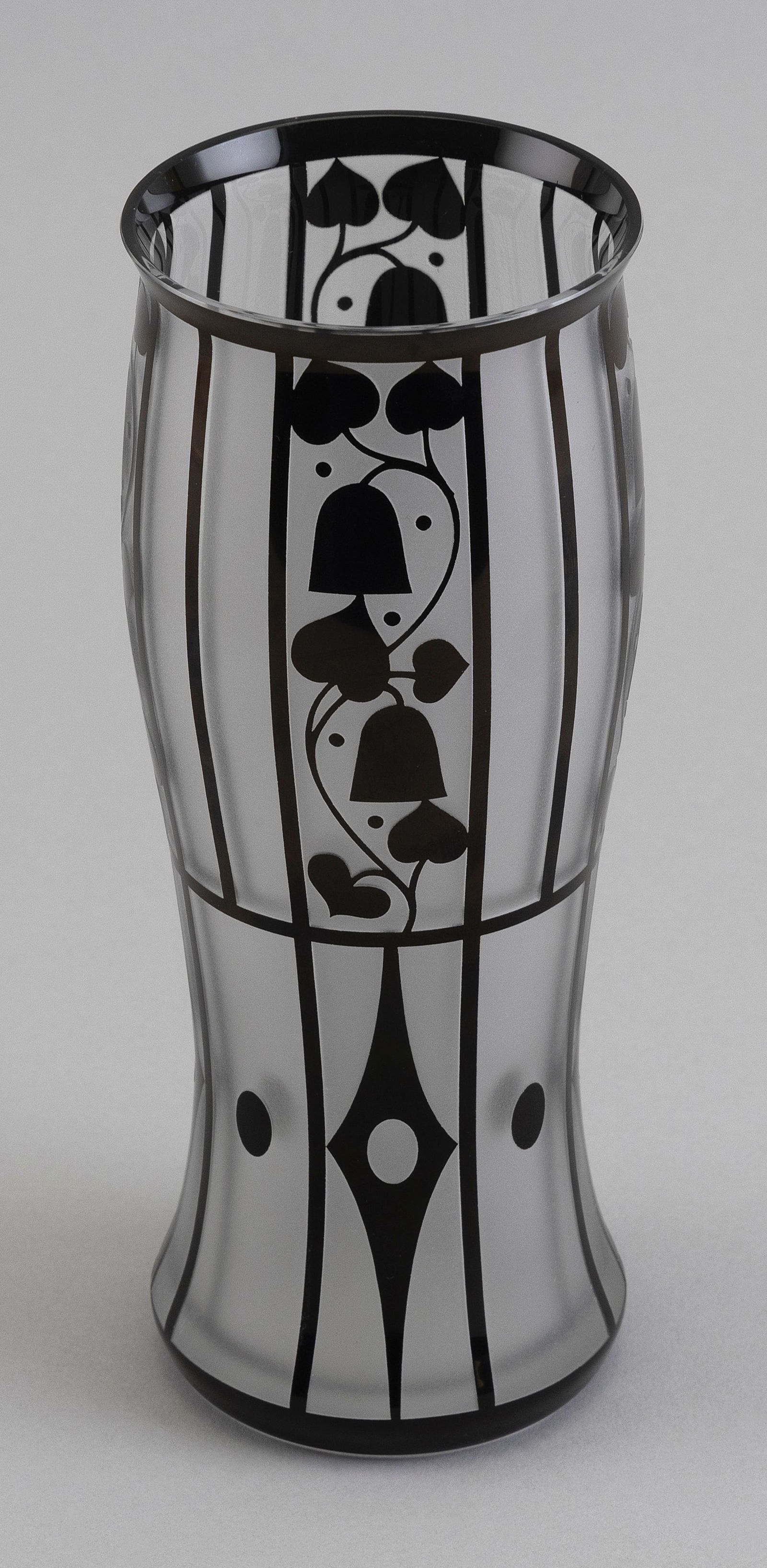 COPY OF A JOSEF HOFFMANN FOR LOETZ ART GLASS VASE Austria, Late 20th Century Height 8".: COPY OF A JOSEF HOFFMANN FOR LOETZ ART GLASS VASEAustria, Late 20th CenturyFrosted white overlaid with a glossy black bellflower and geometric design.Height 8". Reference:A nearly identical example