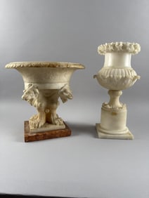 TWO CONTINENTAL ALABASTER URNS 19th Century Heights 11" and 13.5".