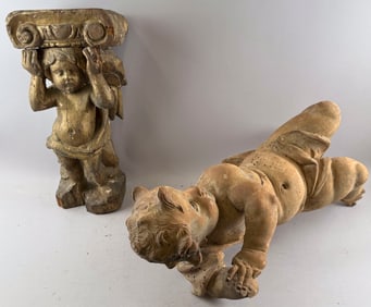 TWO LARGE CONTINENTAL FIGURAL WOOD CARVINGS Heights to 31".
