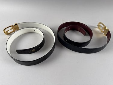 TWO GUCCI LEATHER BELTS WITH GOLD-TONE "GG" BUCKLES Italy, 1970s Lengths 36.5" and 37".