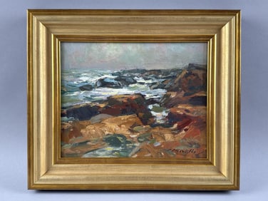 CHARLES J. MOVALLI (Massachusetts/Maine, 1945-2016), Sunset over a rocky coast., Oil on board, 8" x
