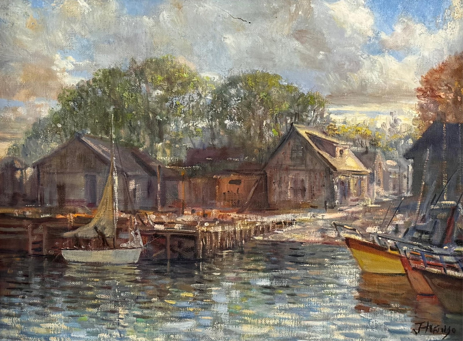 CAPE ANN SCHOOL (20th Century,), Harbor scene., Oil on canvas, 12" x 16". Framed 19" x 23".: CAPE ANN SCHOOL 20th Century Harbor scene. Signed illegibly lower right. Oil on canvas, 12" x 16". Framed 19" x 23".