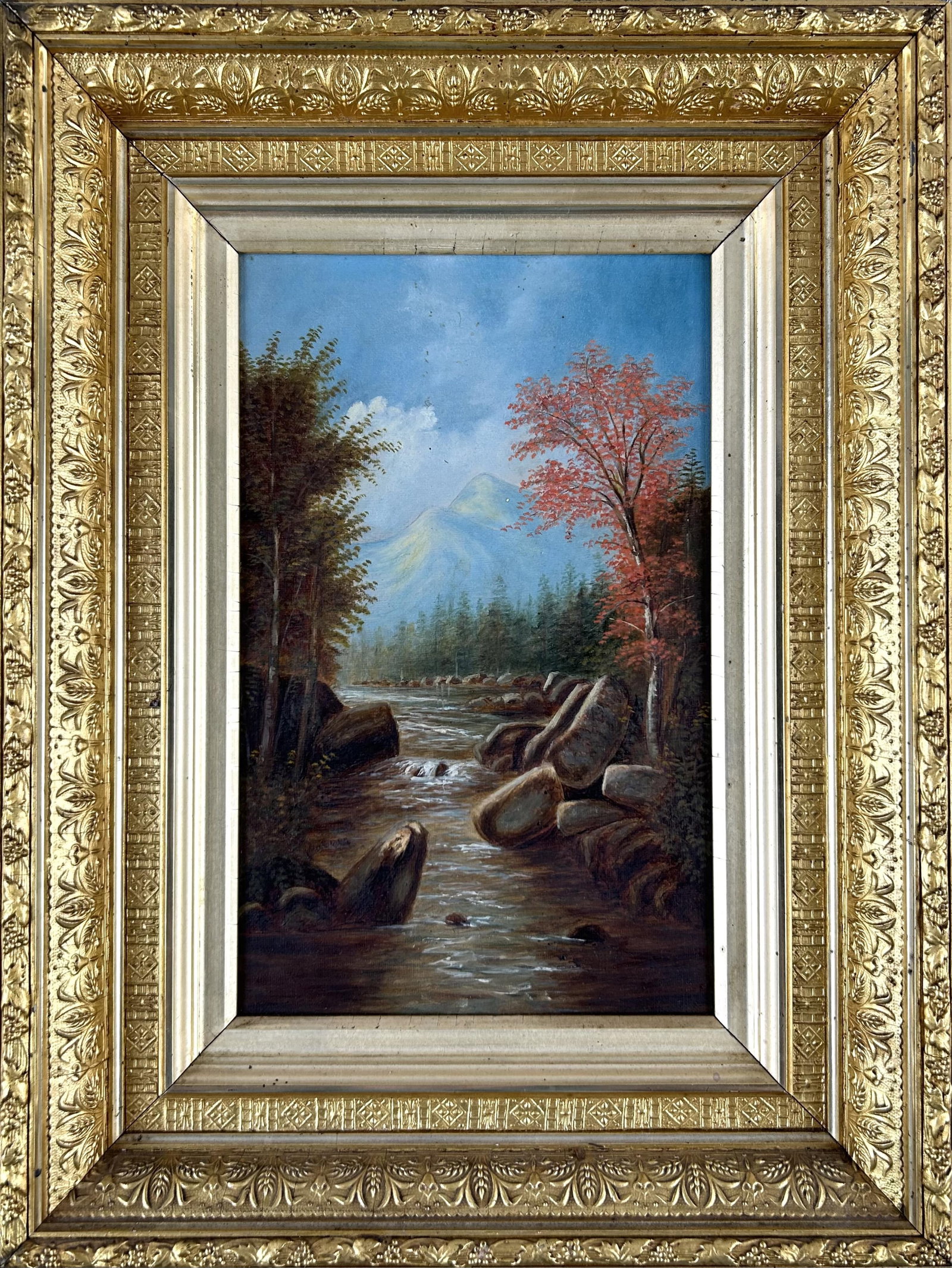 AMERICAN SCHOOL (Late 19th Century,), Landscape with mountain river, likely New Hampshire., Oil on: AMERICAN SCHOOL Late 19th Century Landscape with mountain river, likely New Hampshire. Unsigned. Oil on canvas, 11" x 7". Framed 16.25" x 12.25".